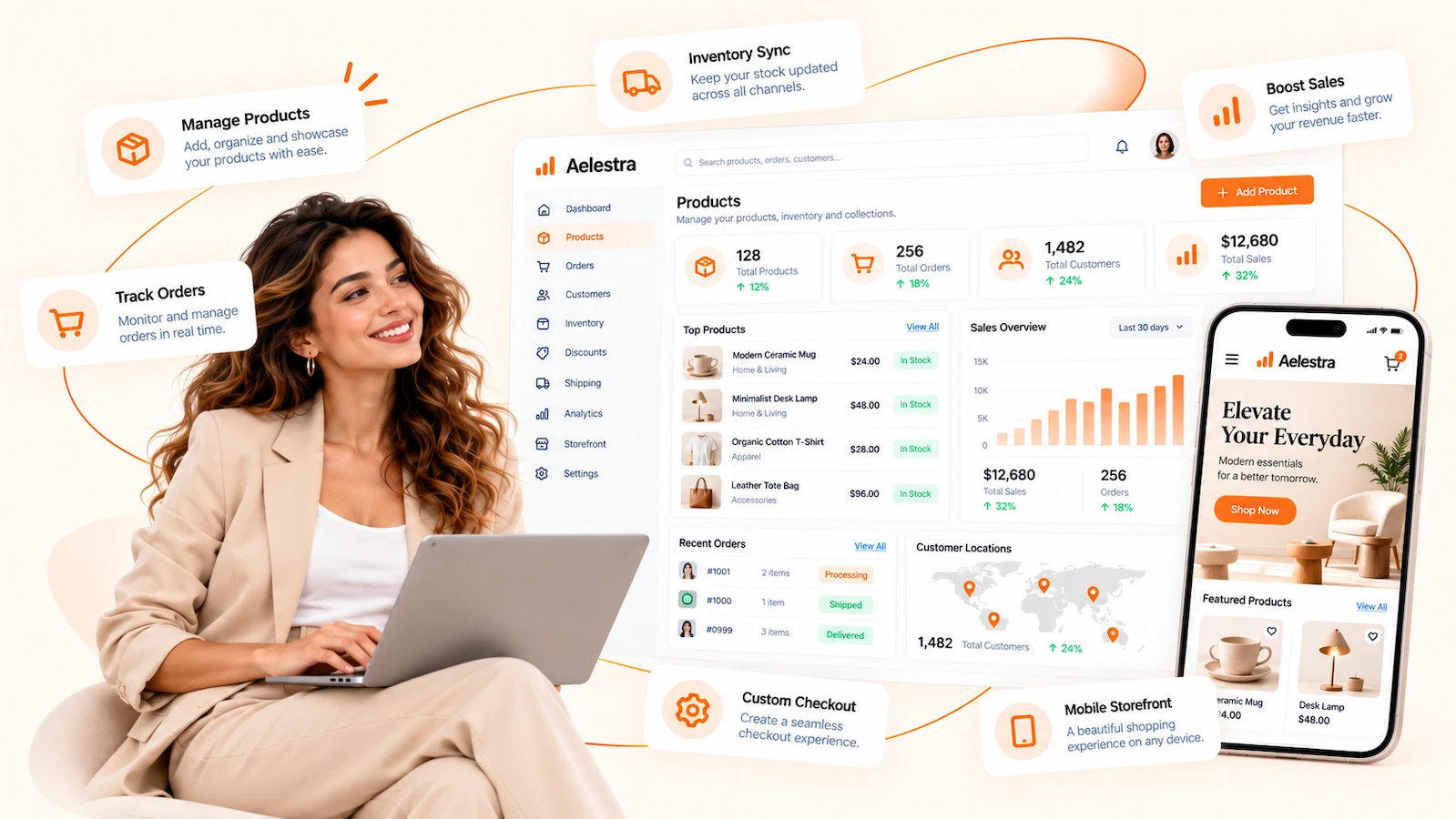 Plataforma e-commerce AELESTRA con tienda online, gestión de productos, seguimiento de pedidos, comercio móvil, pagos online y herramientas de venta conectadas
