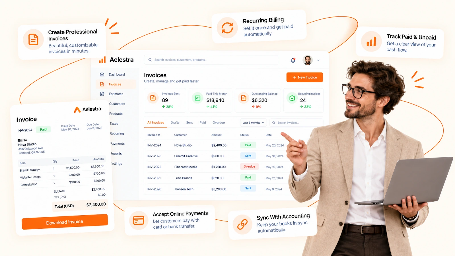 AELESTRA invoicing hero image showing a modern billing dashboard with invoices, recurring billing, online payments, invoice tracking and cash flow management tools