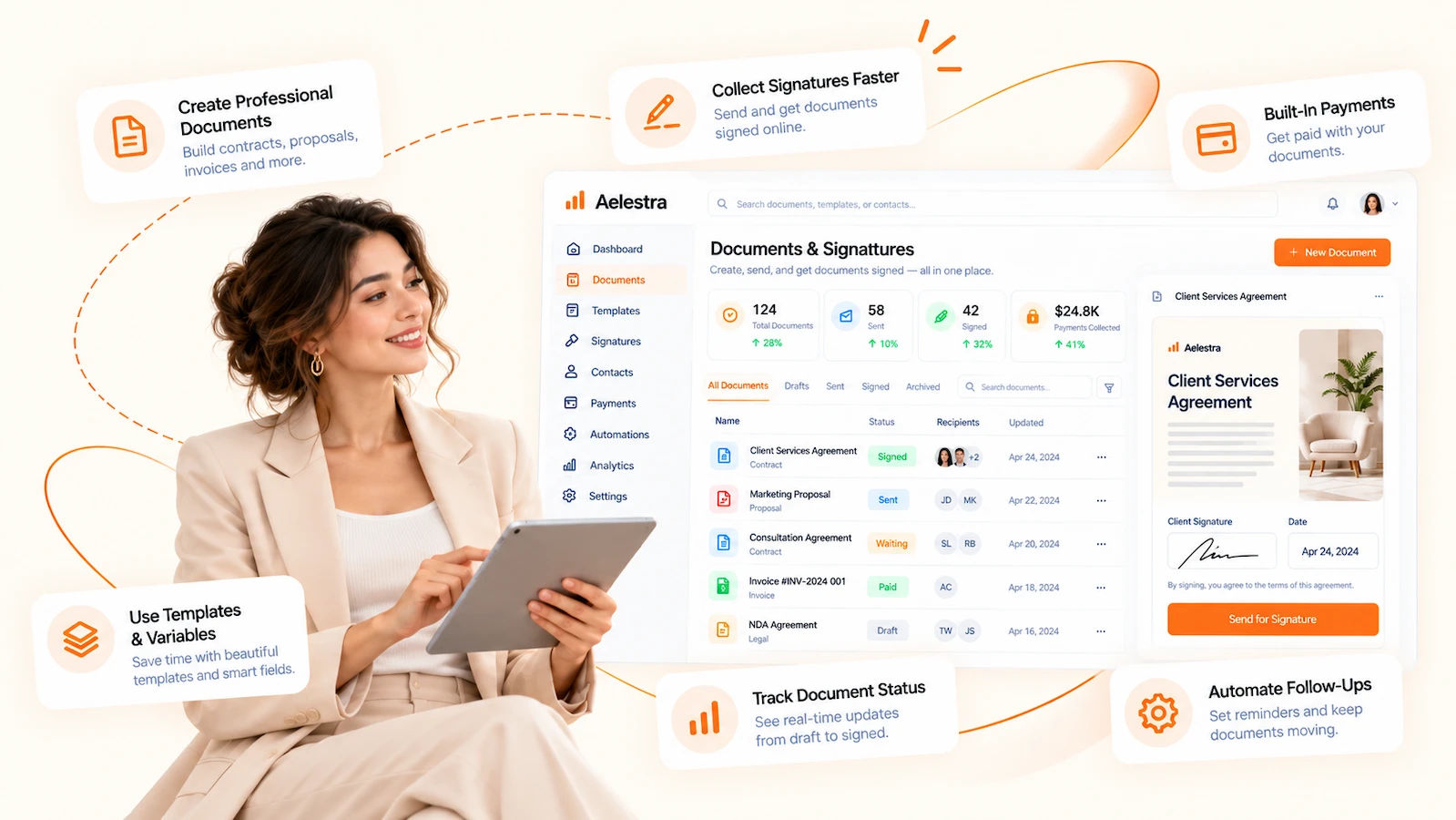 Plataforma AELESTRA de gestión documental y firma electrónica con contratos digitales, plantillas, seguimiento de firmas, pagos integrados y automatización de documentos