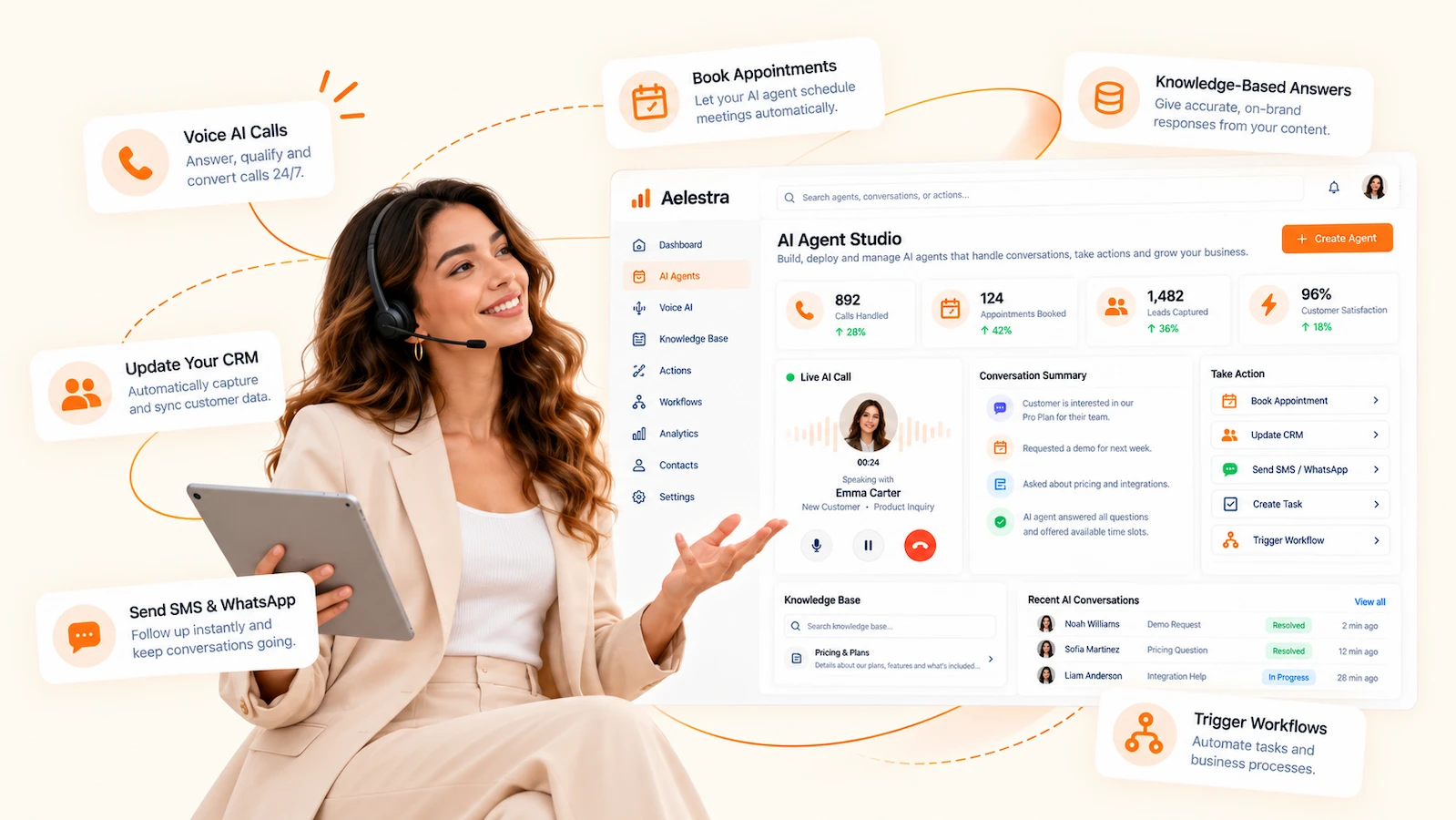 Plataforma de agentes de IA AELESTRA con llamadas de voz automatizadas, calificación de prospectos, reservas de citas, actualización del CRM, base de conocimientos y automatización de flujos de trabajo