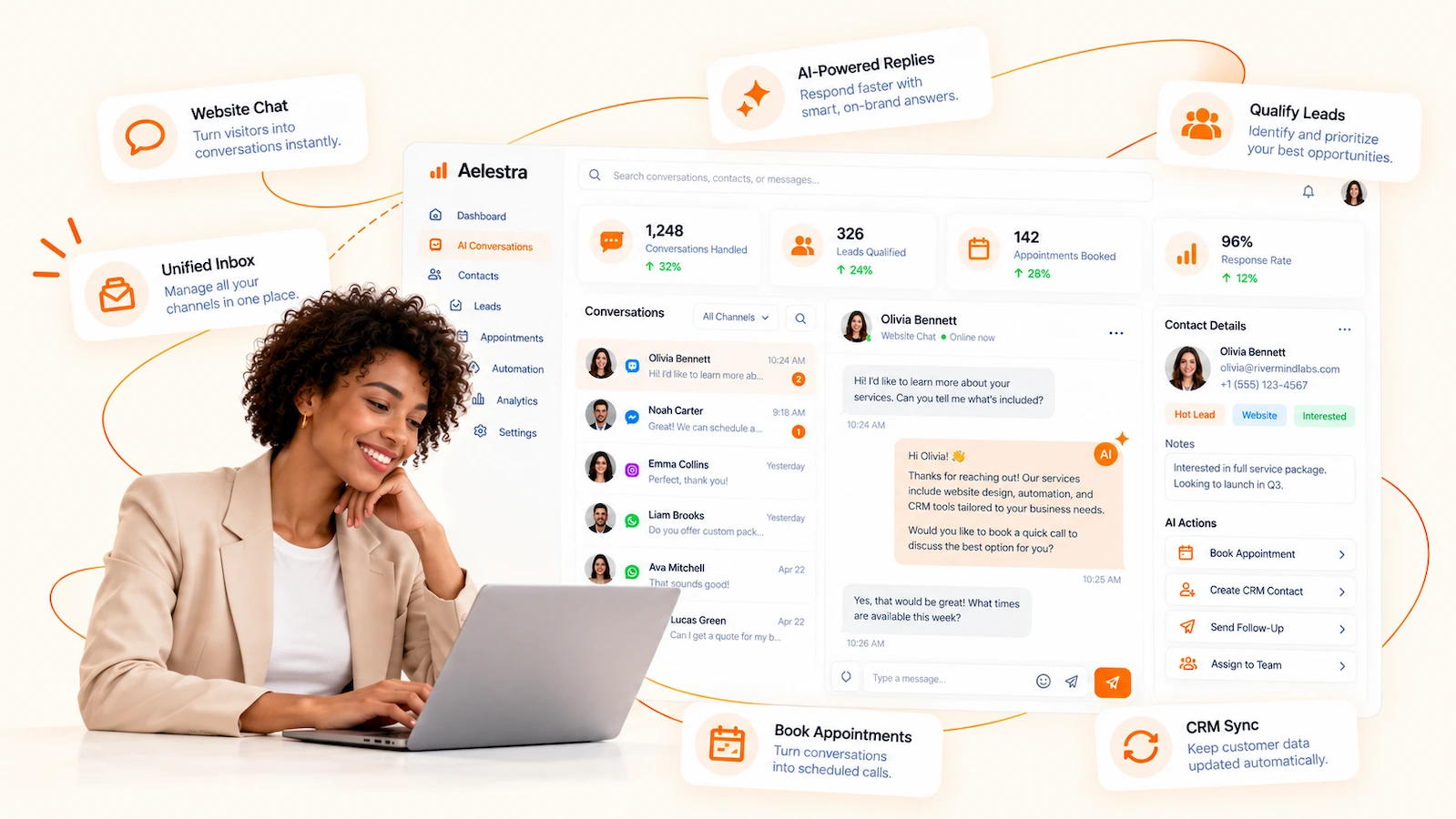 AELESTRA conversational AI dashboard for AI chatbots, omnichannel customer messaging, CRM automation, appointment booking, automated follow-up and human handoff