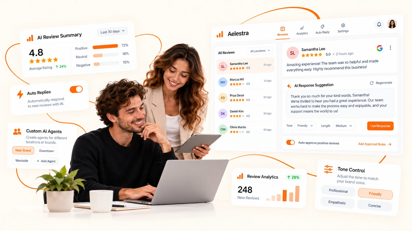 Software AELESTRA de respuestas a reseñas con IA con gestión de reseñas de Google, agentes de IA personalizados, control de tono, automatización de respuestas y análisis de reputación online