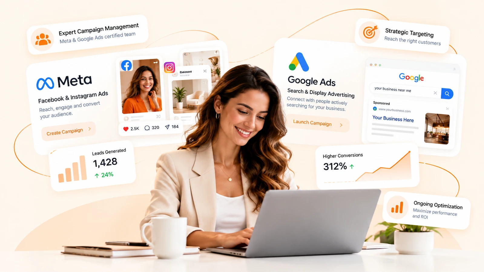 AELESTRA Paid Advertising Management services featuring expert-managed Meta Ads, Facebook and Instagram advertising, Google Ads campaigns, strategic audience targeting, campaign optimization, and digital advertising performance.