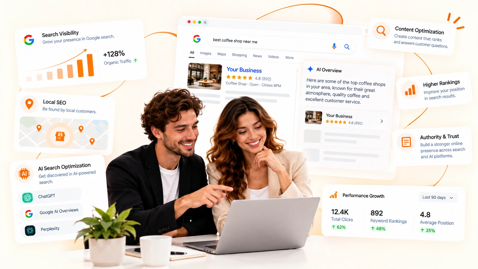 Servicios profesionales de SEO y optimización para búsquedas con inteligencia artificial de AELESTRA, con visibilidad en buscadores, resultados de Google, SEO local, optimización de contenidos y análisis del rendimiento orgánico.