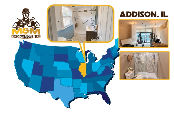 Map showing the 100-mile coverage area of M&M Handyman Services centered on Addison, IL