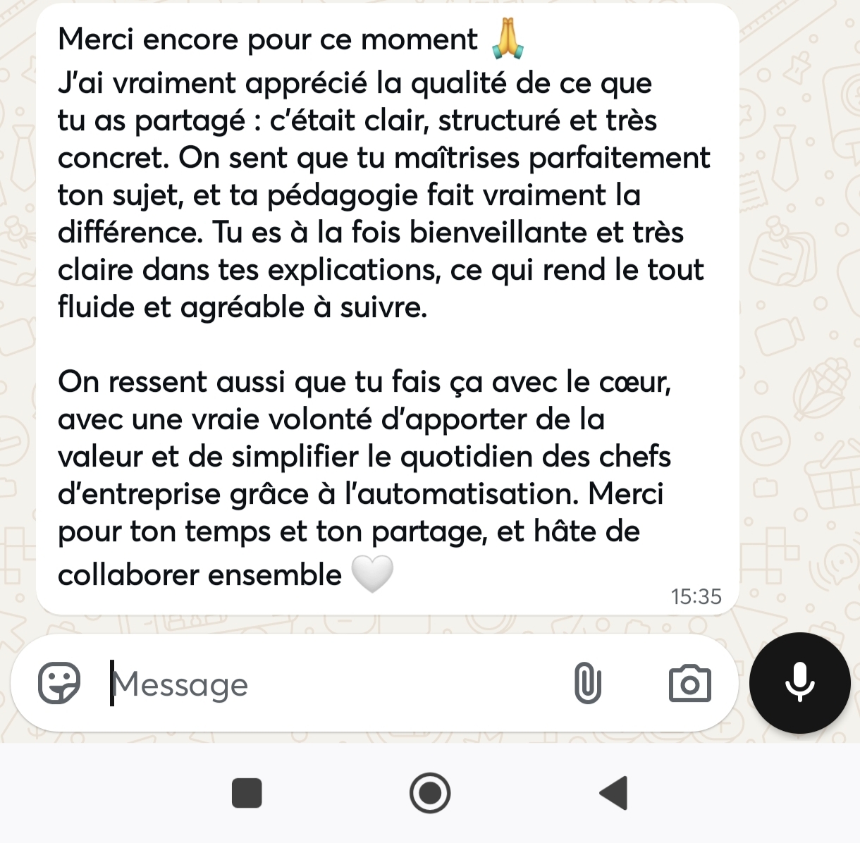 Message WhatsApp d'un client
