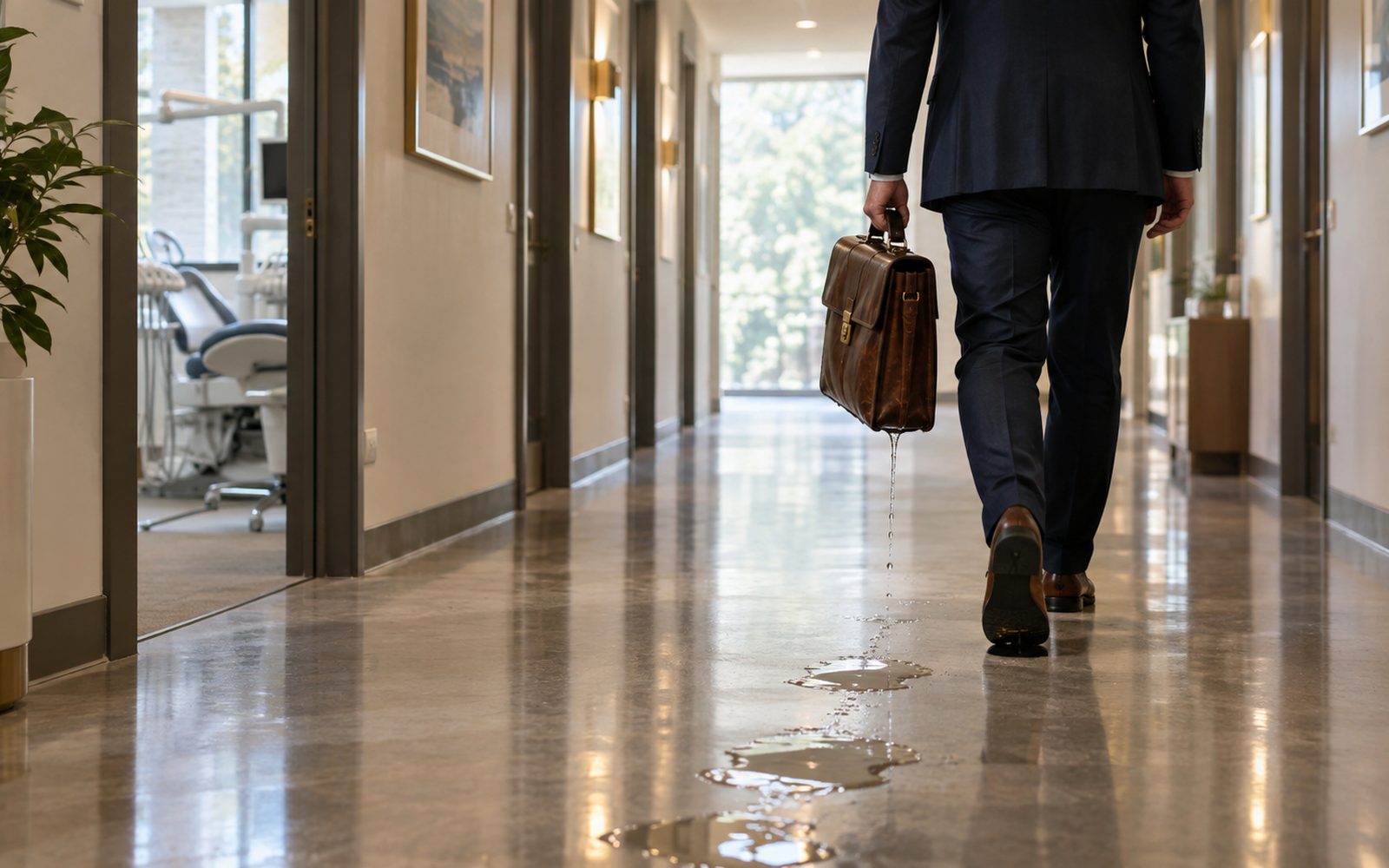Practice owner walking away down a clinic corridor, water leaking from the back of a briefcase