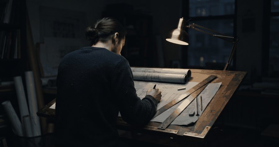 Architect drafting plans at a drawing table