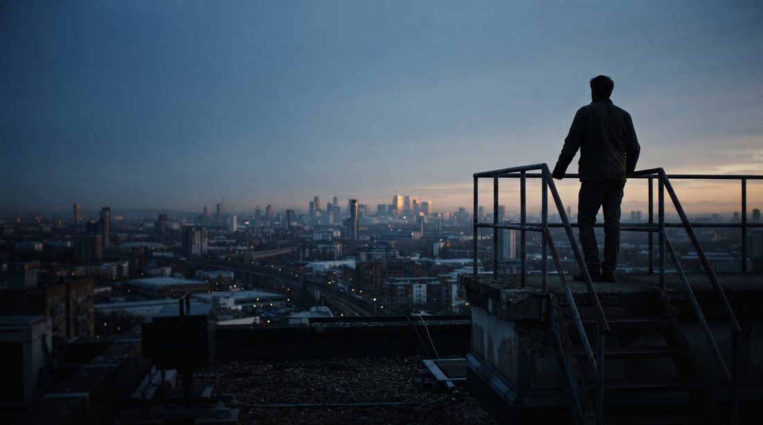 Practice owner on a rooftop looking out over a city skyline at dusk