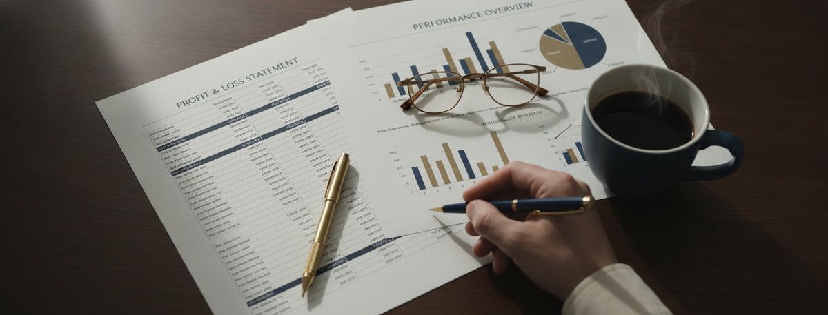Profit and loss statement and performance charts on a desk