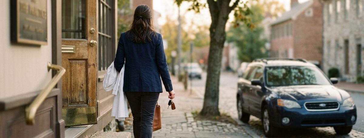 Practice owner leaving the office at the end of the day, coat over one arm and keys in hand