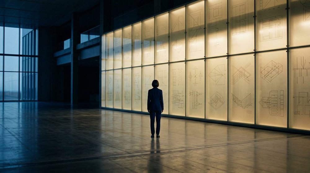 An operator standing before a wall of illuminated system diagrams