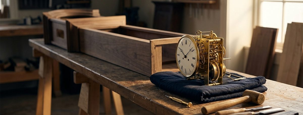 A clock movement on the bench beside its unfinished case