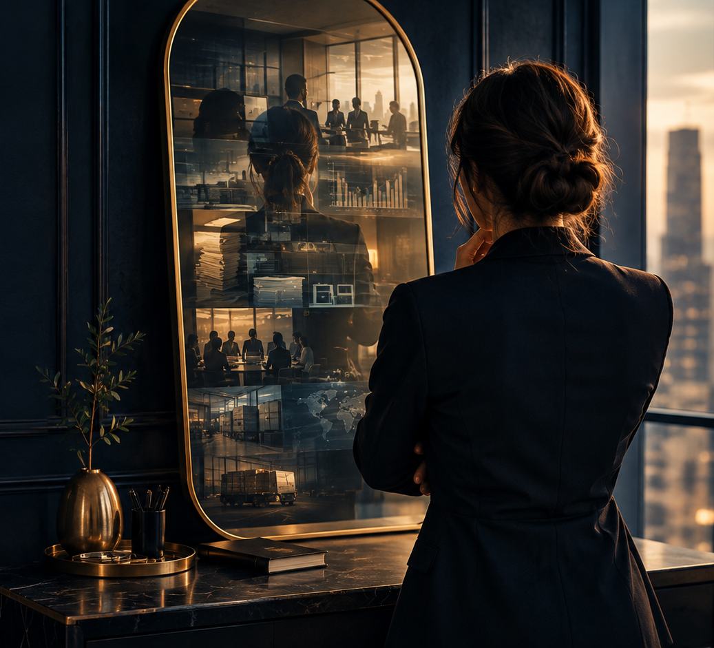 A practice owner looking into a mirror that reflects the working parts of her business