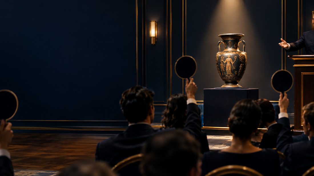 An auction room, bidders raising paddles toward a single vase under one light, the moment a price is set