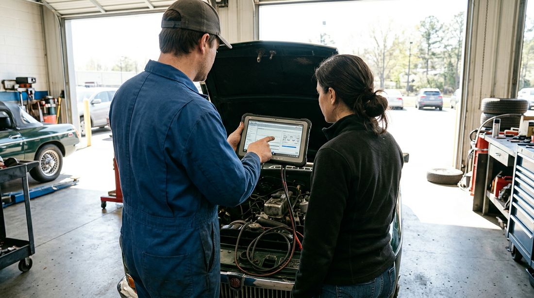 A mechanic and an owner reviewing a diagnostic tablet connected to a classic car