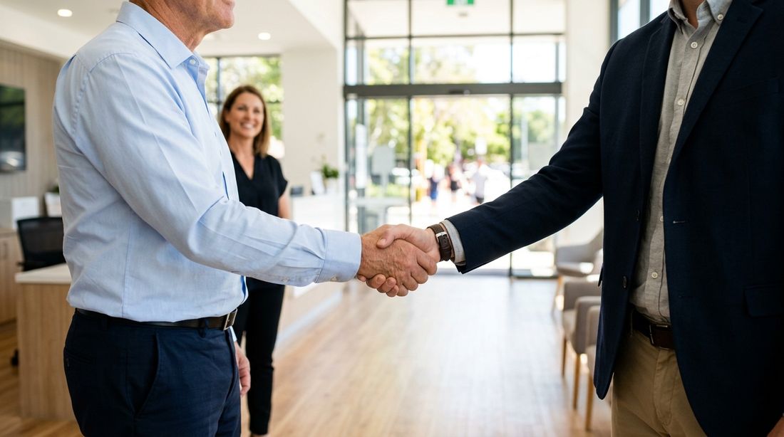 A practice owner and a buyer shaking hands in a bright practice