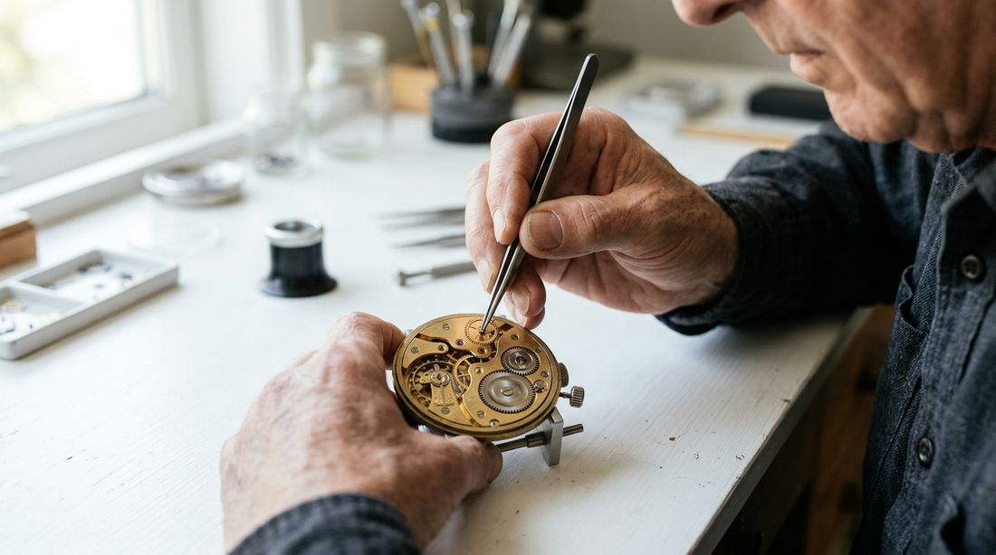 A watchmaker fitting a gear into an open watch movement