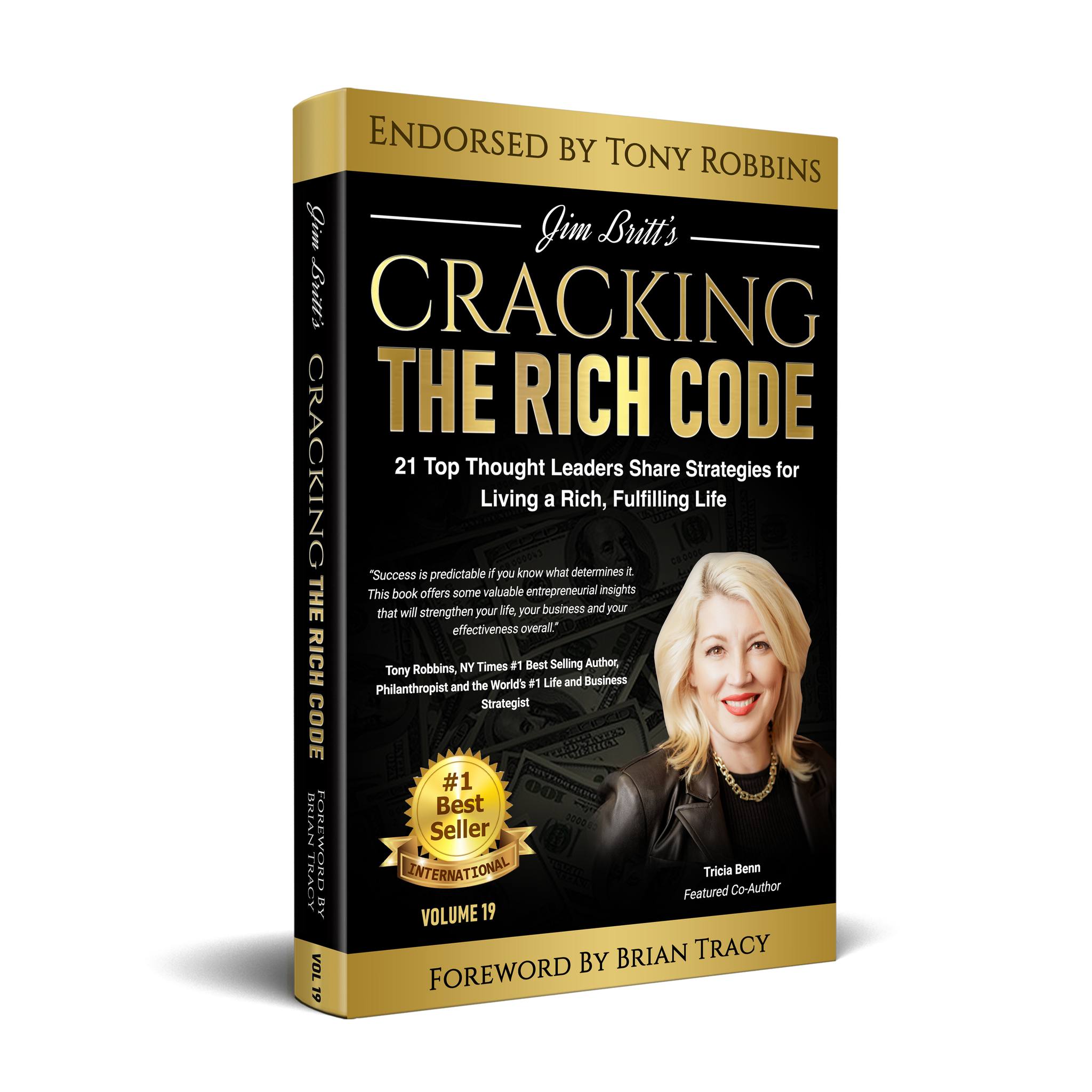 Cracking the Rich Code Volume 19 book cover, endorsed by Tony Robbins, foreword by Brian Tracy