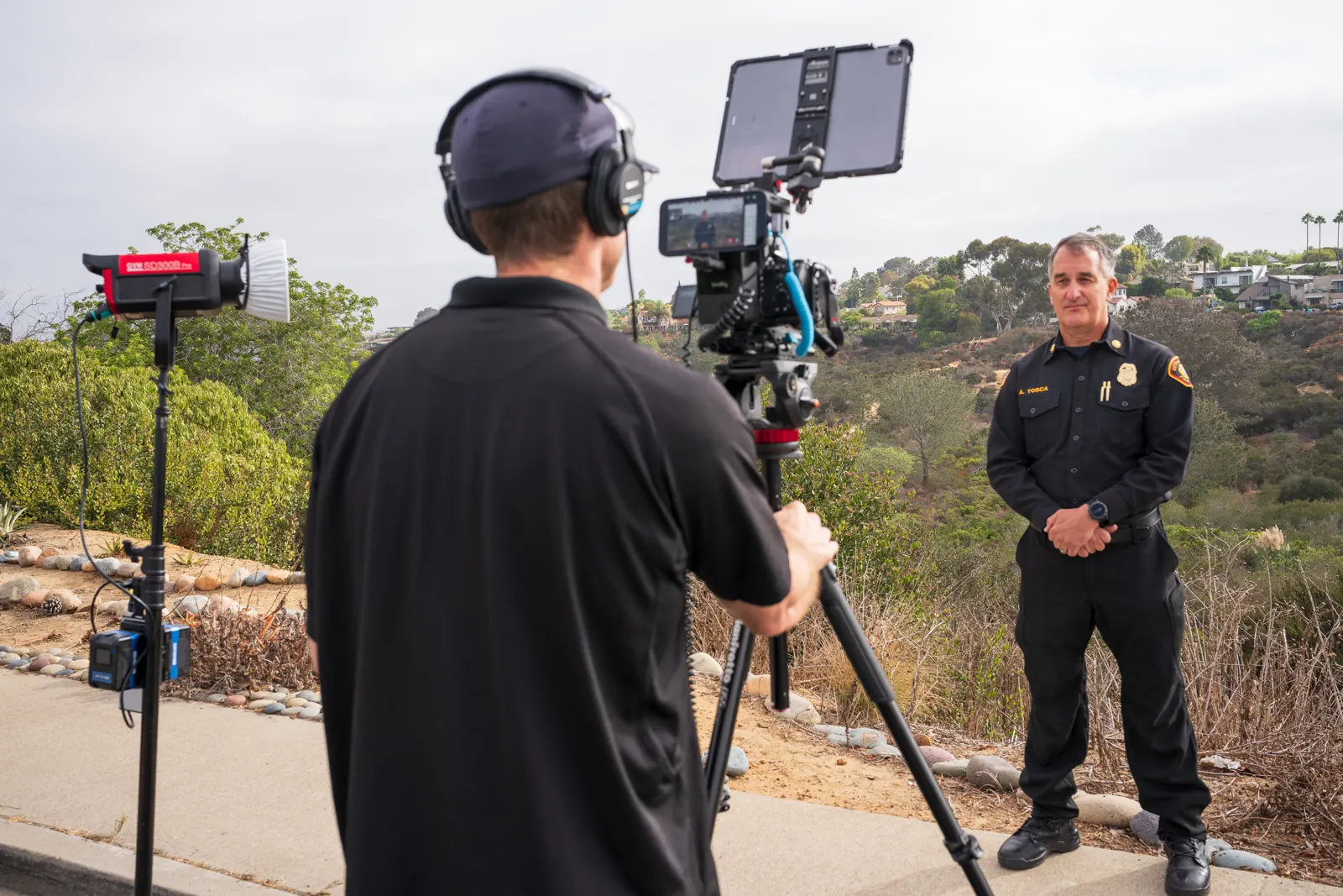 Fire Media Studios filming an on-camera interview with SDFD Assistant Fire Chief / Fire Marshal Tony Tosca