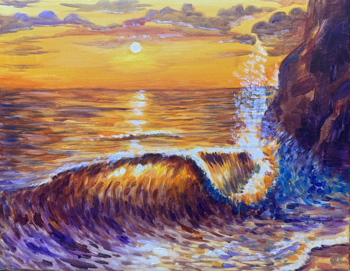 Dan's Liquid Gold Wave acrylic painting: a sunset wave glowing gold as the light shines through it