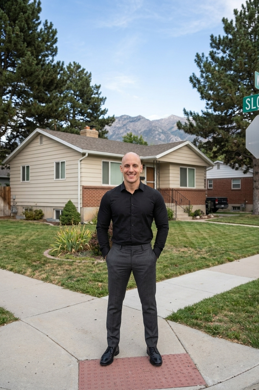 Peter Bourdos standing in front of a Salt Lake City home with the Wasatch Mountains behind him — local Utah real estate investor