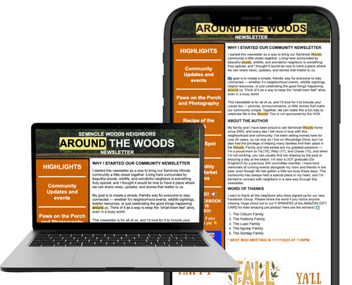 Around The Woods newsletter preview on laptop and phone