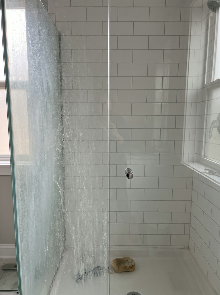 A shower glass door mid-clean, the left half still clouded with hard water mineral scale and the right half wiped completely clear