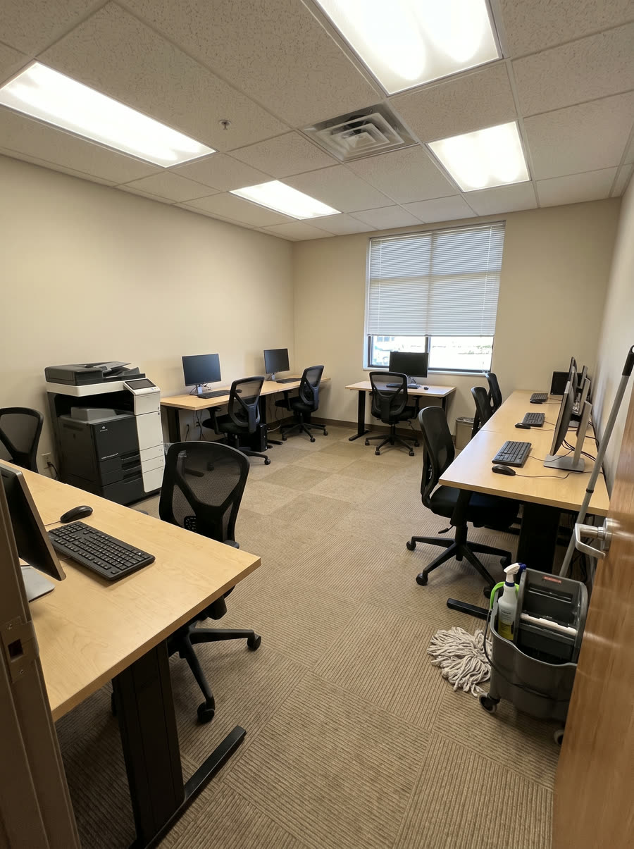 A small office after hours, desks cleared and chairs pushed in, floors freshly cleaned