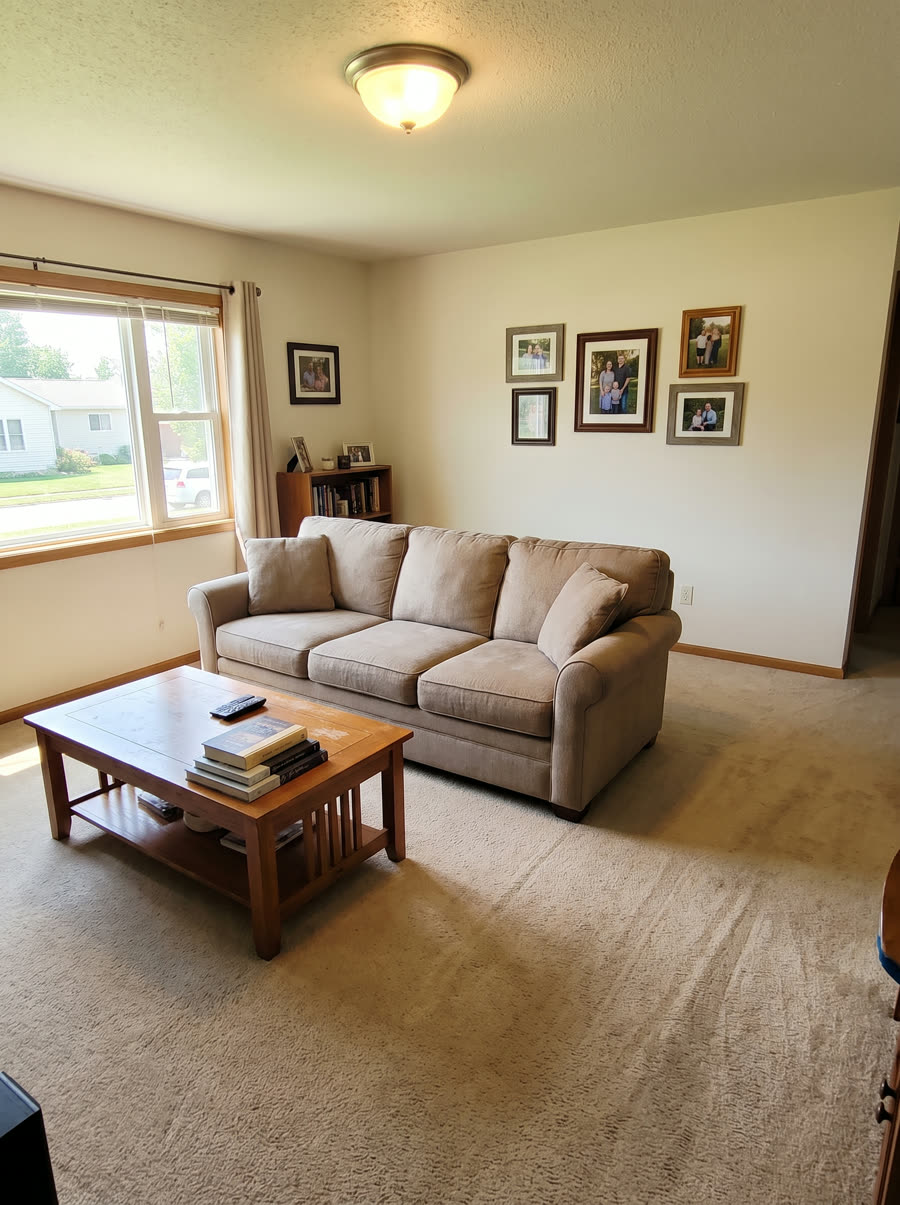 An ordinary family living room, tidied and vacuumed, with the cushions straightened and the coffee table cleared