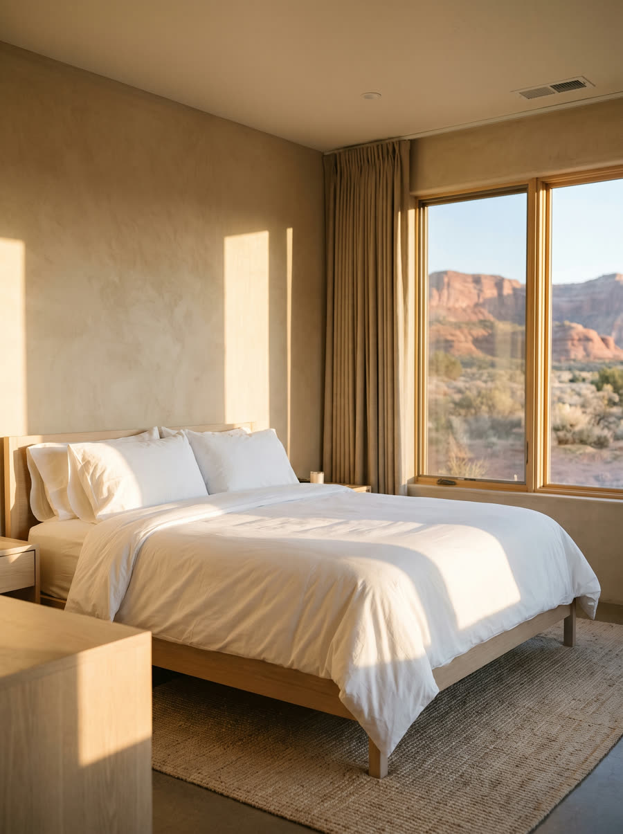A freshly made bed with crisp white linen in a sunlit rental bedroom, red rock landscape through the window