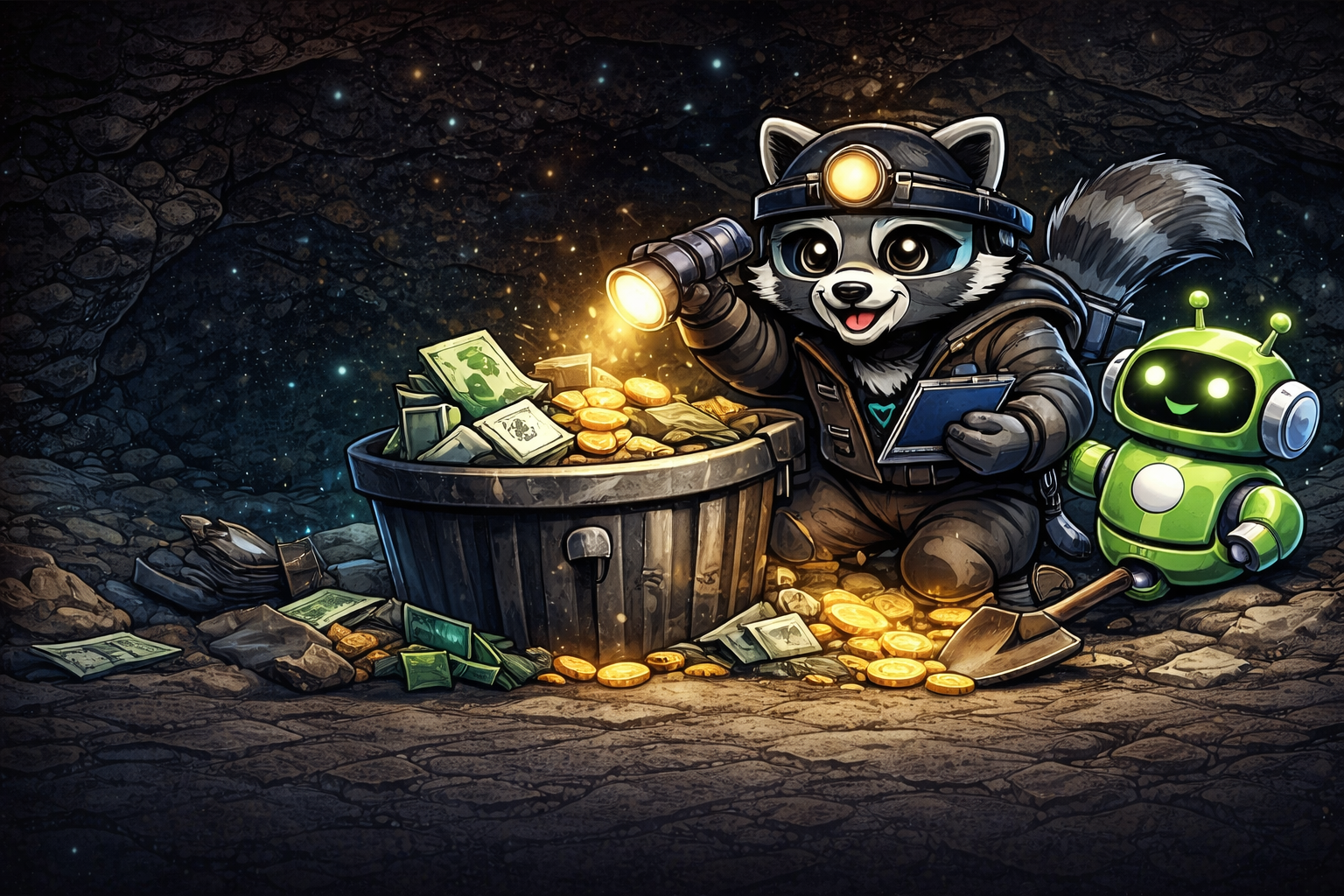 Trash Panda AI raccoon and robot mining hidden revenue from a database