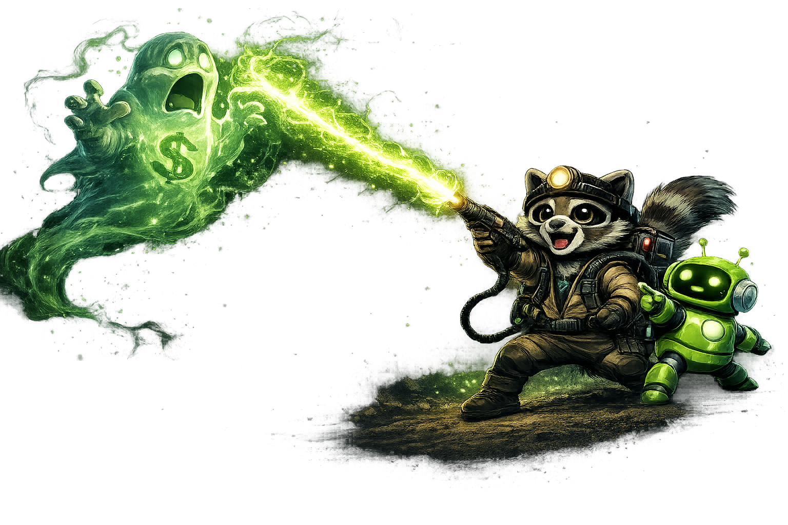 Trash Panda AI raccoon and robot in Ghostbusters gear capturing a ghosted lead