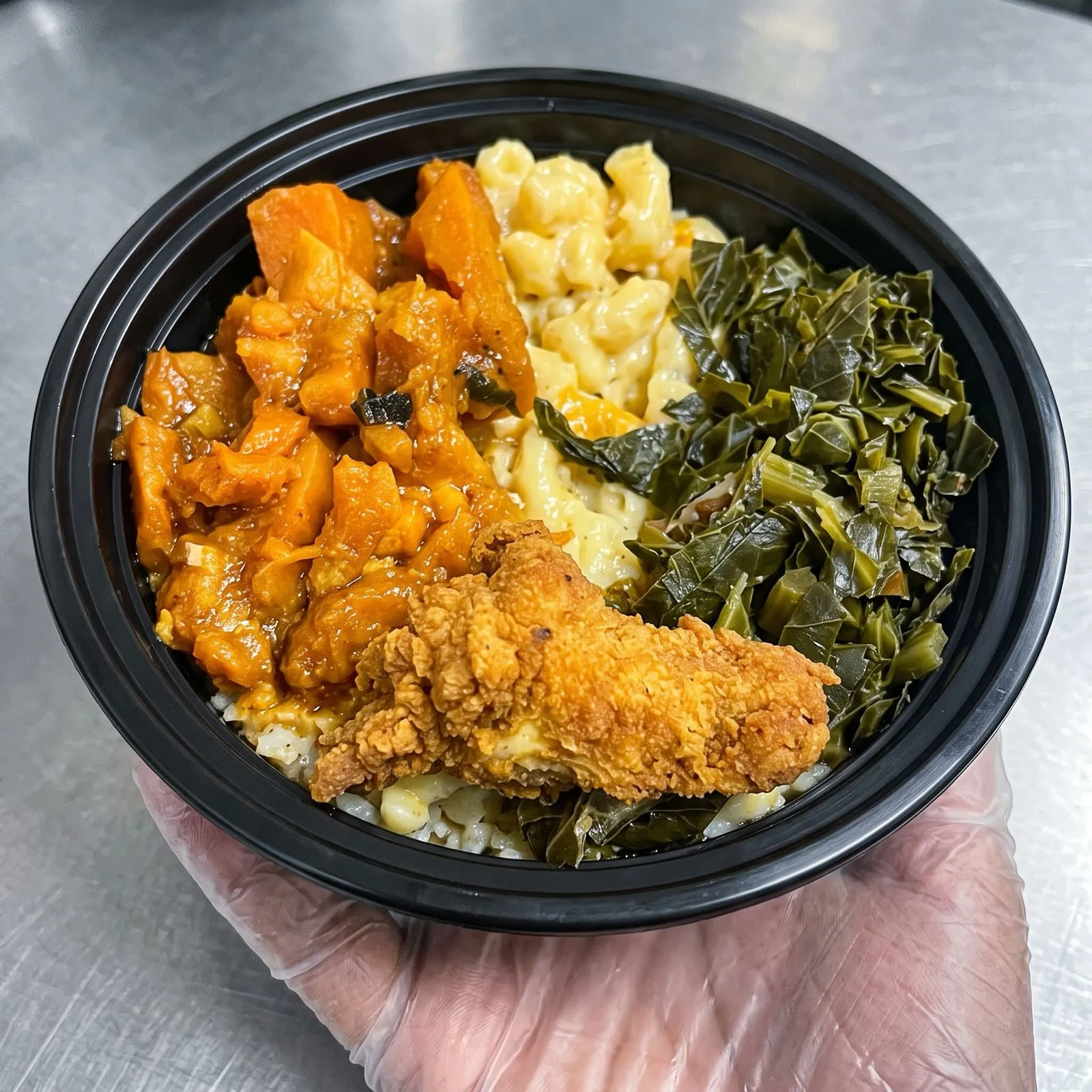 Simply Soups and More Soul Bowl — base, protein and two homestyle sides