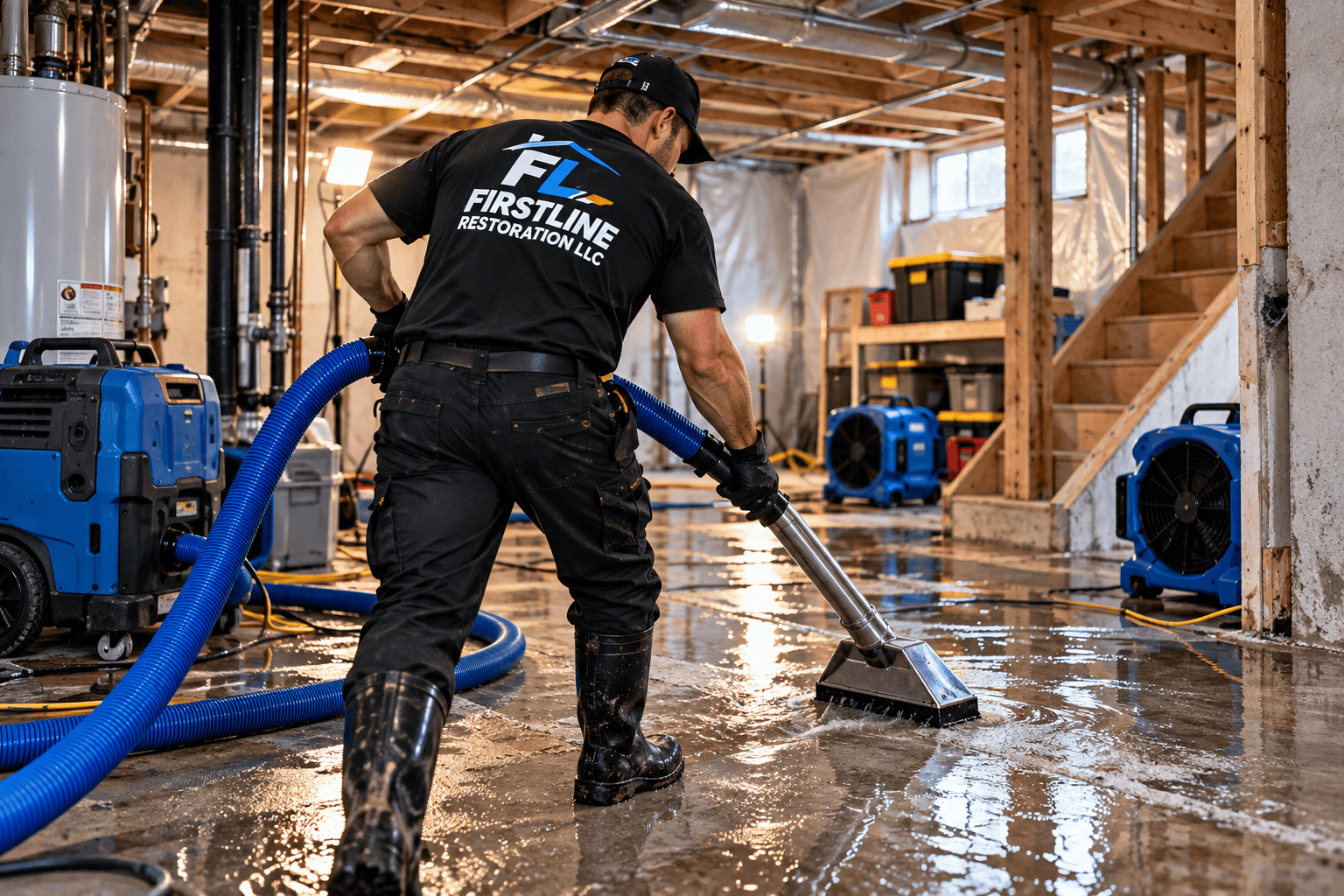 Water damage extraction in a flooded Seattle basement with industrial drying equipment