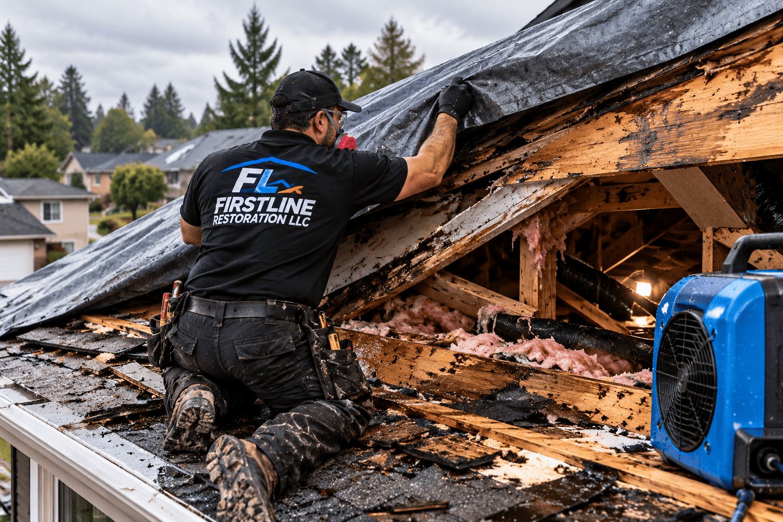 Storm damage with fallen tree limb puncturing a residential roof and emergency tarp