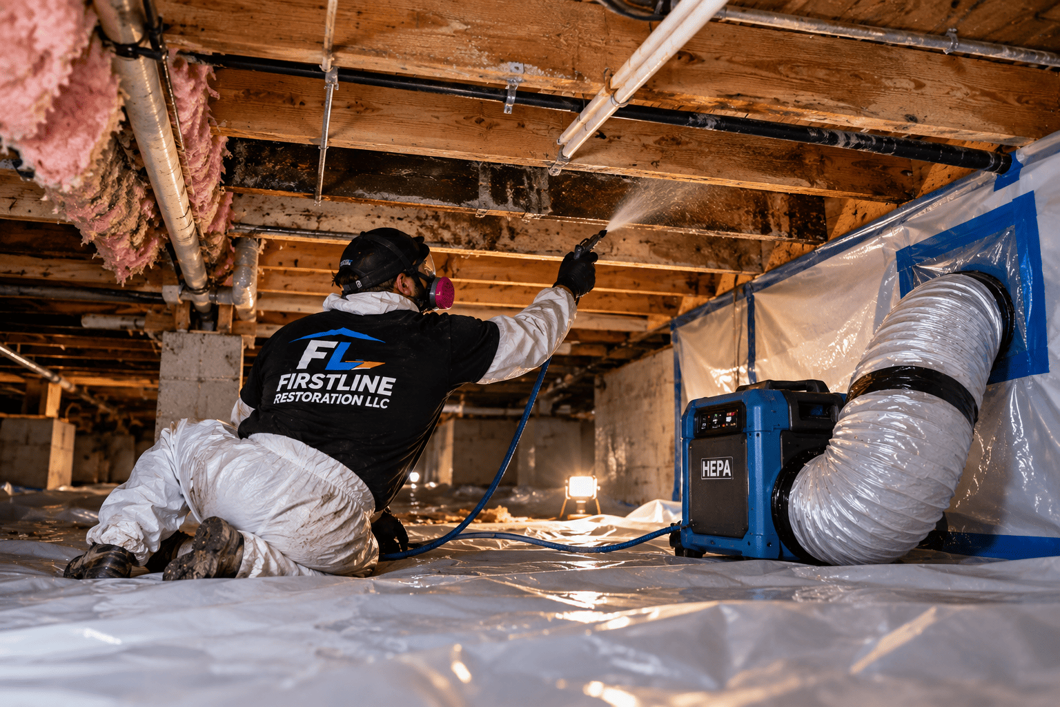 Mold remediation containment barrier with HEPA negative air machine in a crawlspace