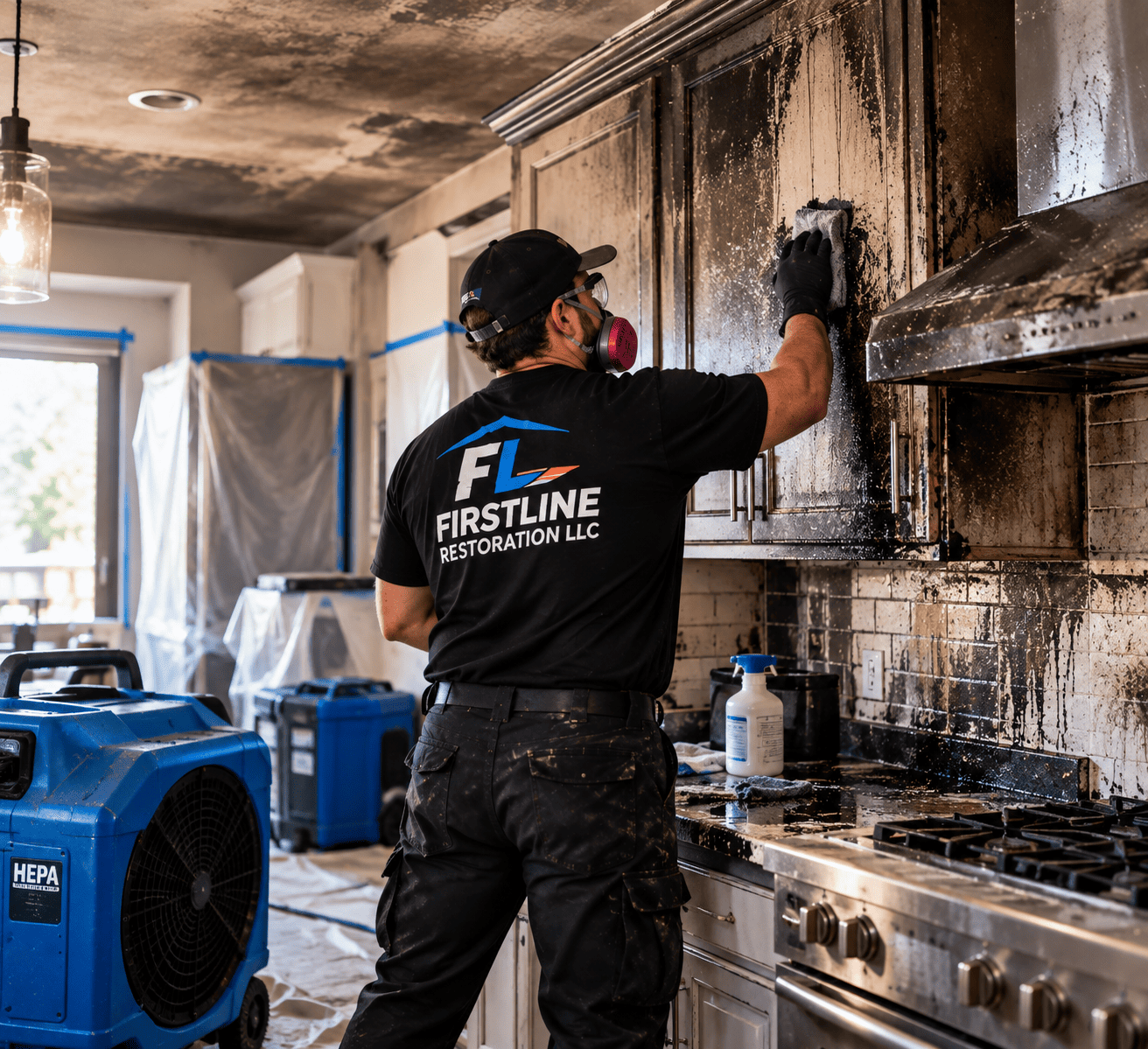 Fire and smoke damage cleanup with soot removal in a residential kitchen