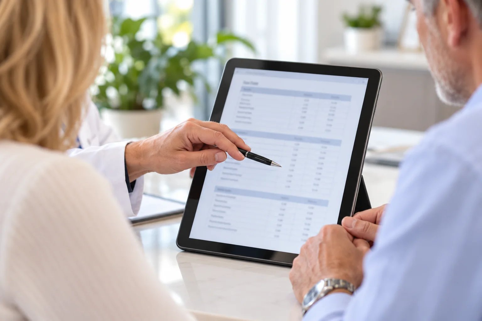 Illustrative review of lab results on a tablet