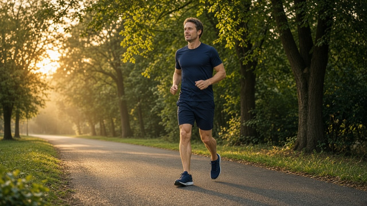 Active outdoor vitality — man jogging on a park path at golden hour