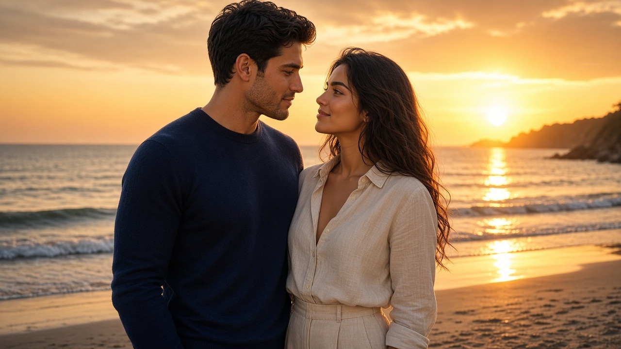 Couple on a beach at sunset looking into each other\'s eyes