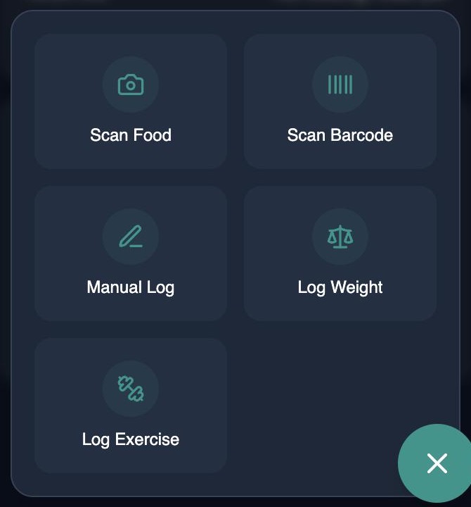 Daily Track add menu with Scan Food, Scan Barcode, Manual Log, Log Weight and Log Exercise buttons