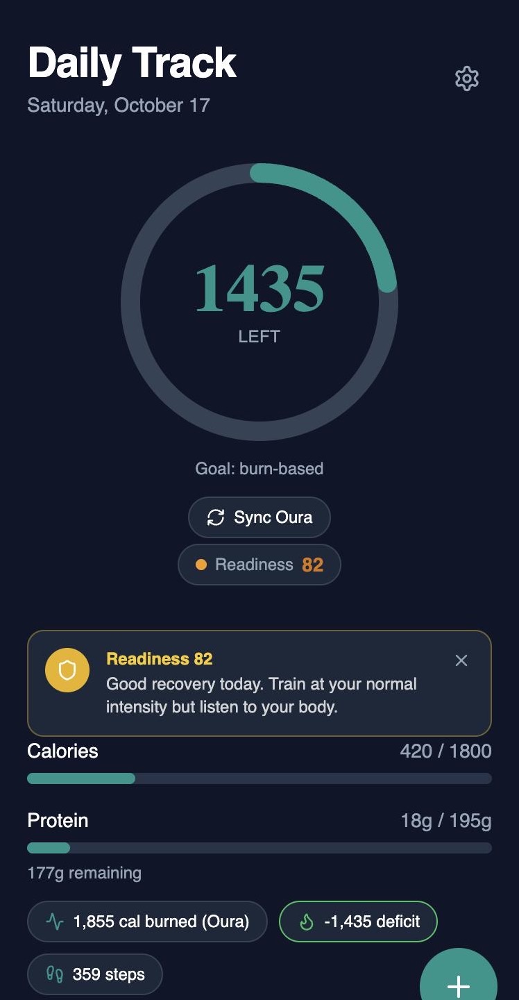 Daily Track Today screen showing calories left, a calorie bar and a protein bar with grams remaining