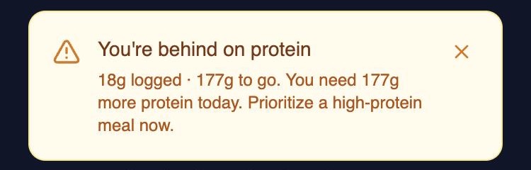 Daily Track alert: You're behind on protein. 18g logged, 177g to go.