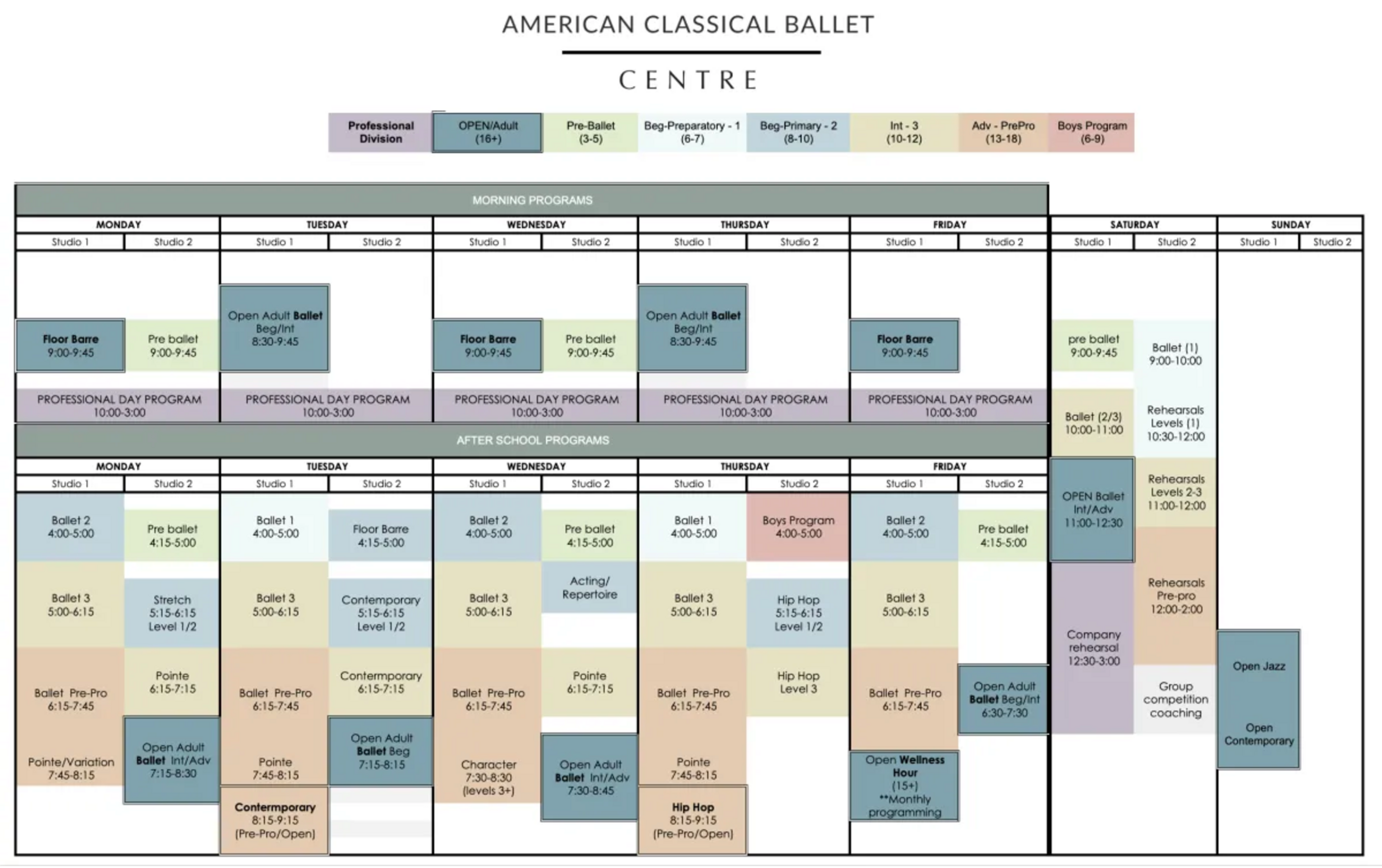American Classical Ballet Class Schedule
