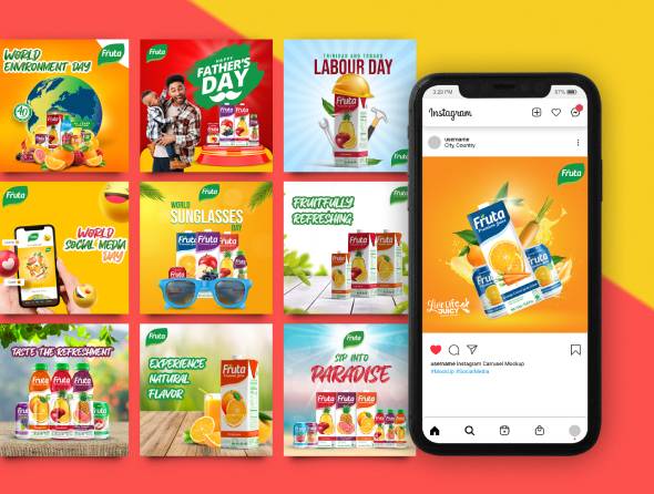 Fruta juice social media campaign posts and an Instagram mockup on a phone
