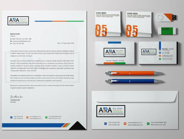 ARA Real Estate stationery: letterhead, business cards, envelope and pens