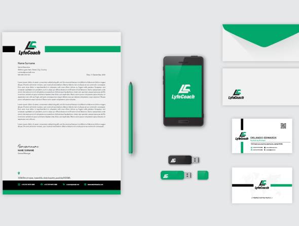LyfeCoach brand identity on letterhead, business cards, a phone and envelopes