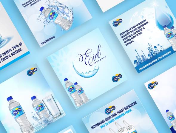 Oasis bottled water social media post designs on a blue background