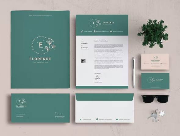 Florence brand identity in green: folder, letterhead, cards and envelope